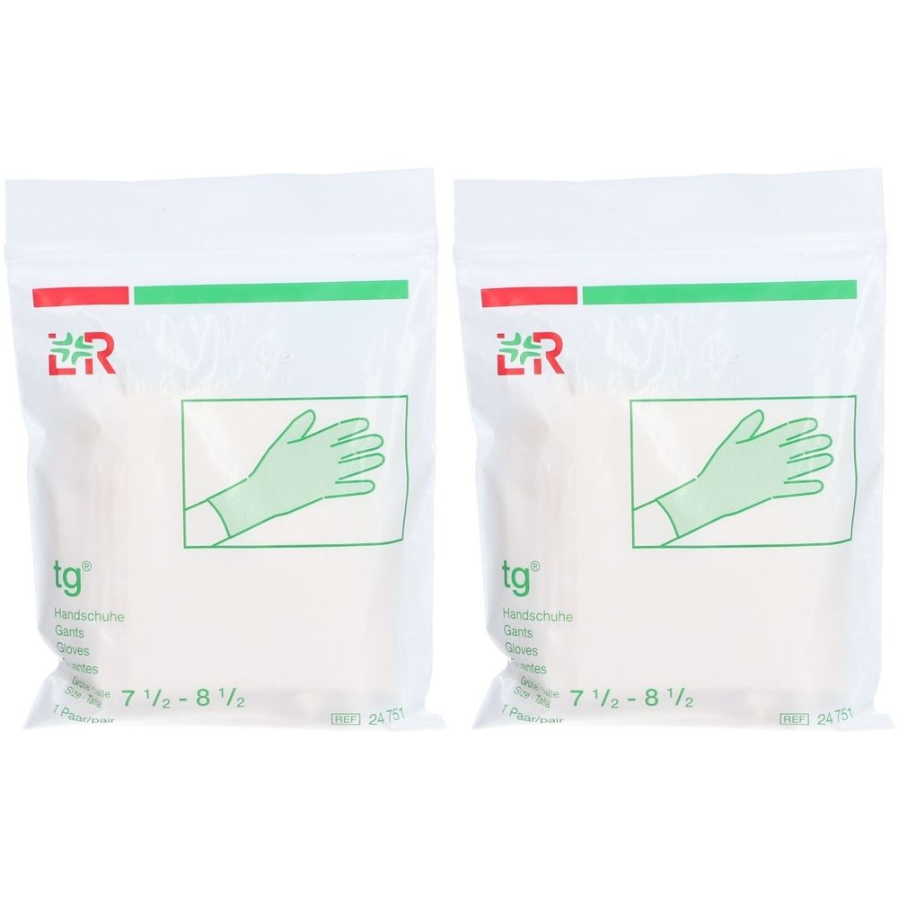 Zwei Beutel mit Handschuhen. Aufdruck: tg, Handschuhe, Größe 7 1/2 - 8 1/2. Abbildung einer Hand mit Handschuh.