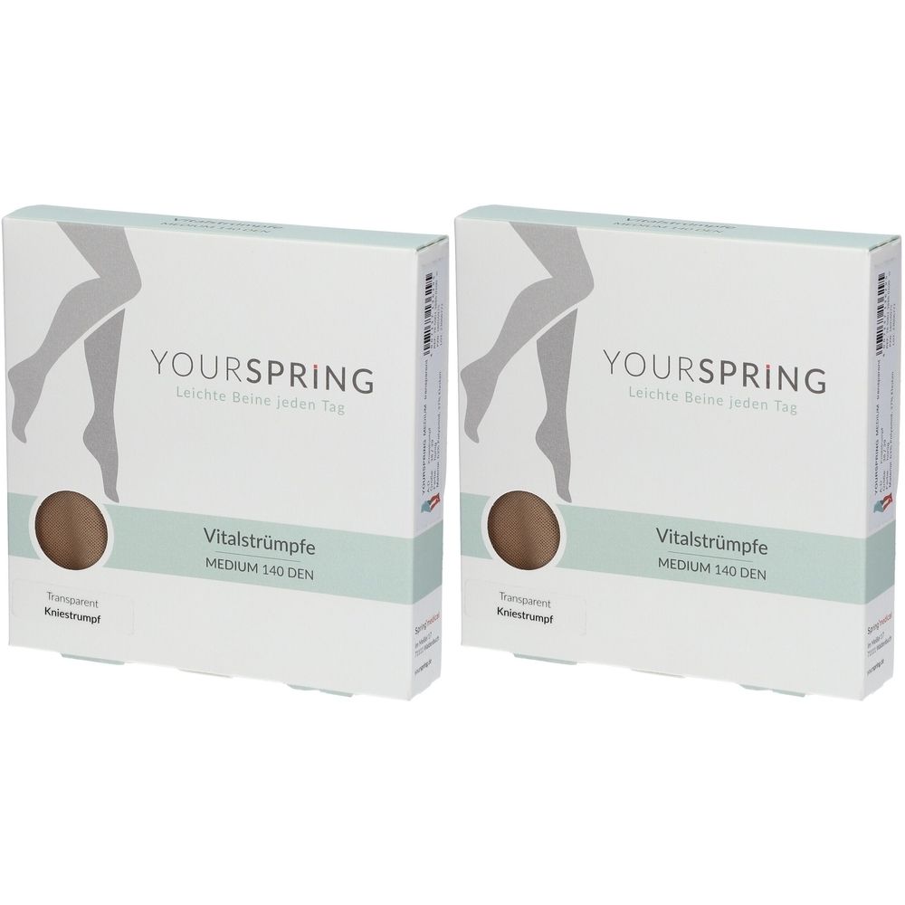 Zwei Kartons mit Strümpfen. Aufschrift YOURSPRING, Vitalstrümpfe, MEDIUM 140 DEN. Illustration von Beinen. Farbe: honig.