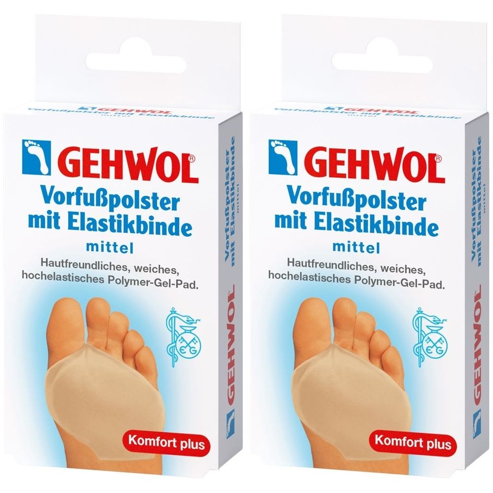 Zwei Produktverpackungen mit dem Logo GEHWOL. Aufdruck: Vorfußpolster mit Elastikbinde. Darstellung eines Fußes mit Polster. Text: Komfort plus.