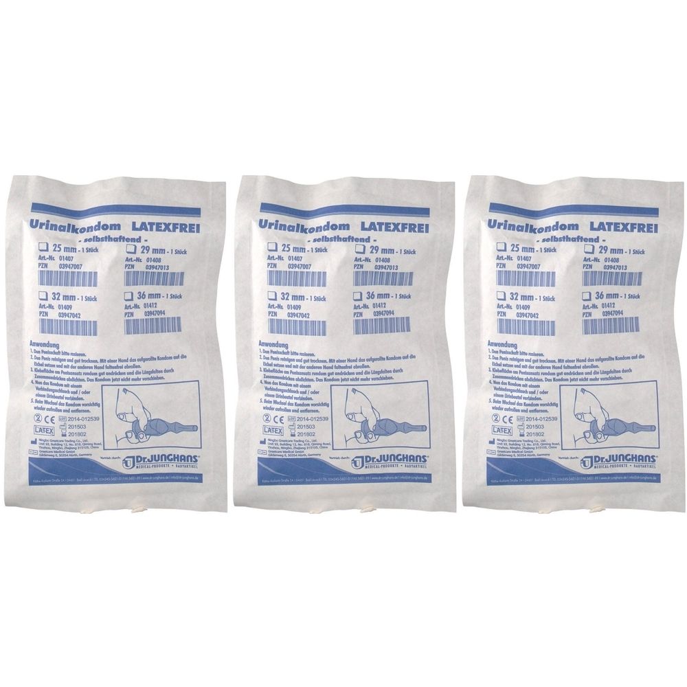 Drei verpackte Urinalkondome. Aufdruck: LATEXFREI, Größenangaben. Marke: Dr. Junghans. Illustration einer Anwendung.