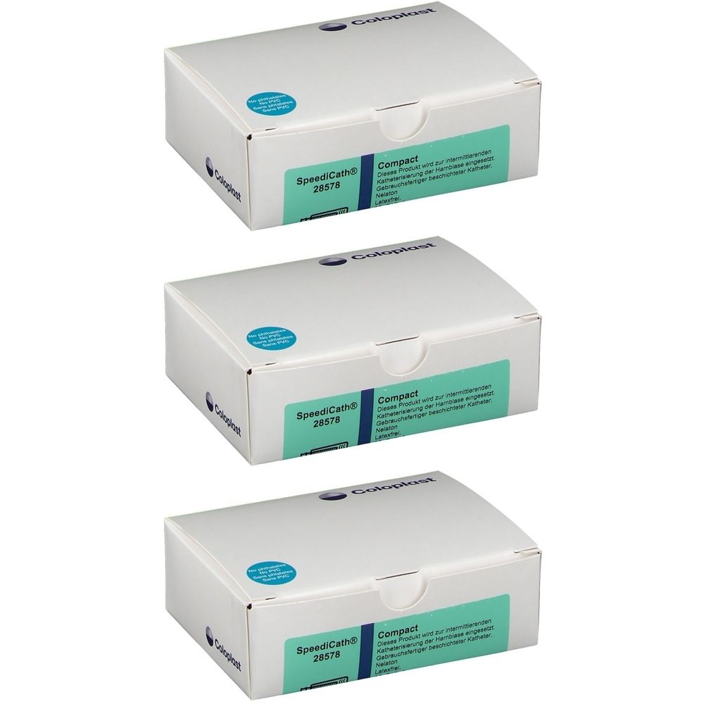 Drei weiße Kartons mit Produktinformationen. Aufschrift SpeediCath Compact, 28578 und Coloplast. Blaue und grüne Etiketten.