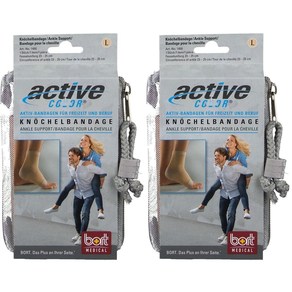 Zwei Packungen Knöchelbandagen. Aufschrift: active CG-3R, Knöchelbandage, BORT MEDICAL. Größe L. Mit Tragegriff.
