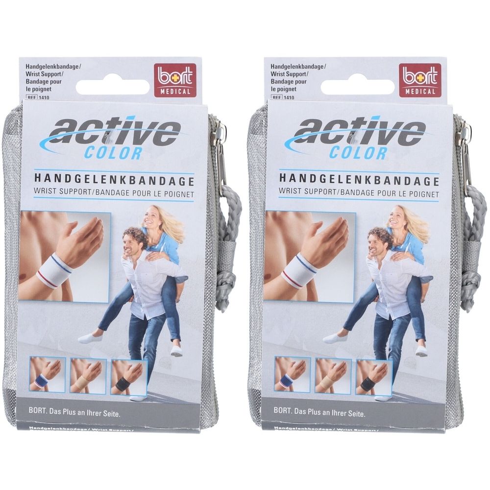 Zwei Handgelenkbandagen in grauer Tasche. Aufschrift: Active Color, Handgelenkbandage, BORT Medical. Abbildung eines Handgelenks.