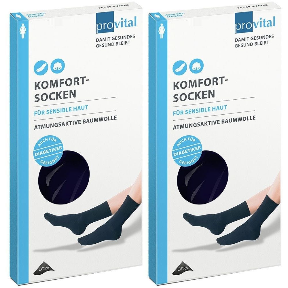 Zwei Packungen Komfort-Socken. Aufschrift: Komfort-Socken für sensible Haut, atmungsaktive Baumwolle. Geeignet für Diabetiker.