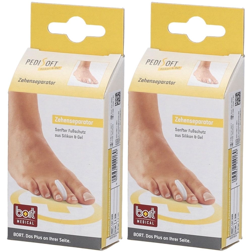 Zwei Packungen Zehenseparatoren. Weiße Silikon-Gel-Produkte. Aufschrift: PediSoft, Zehenseparator, bort MEDICAL.
