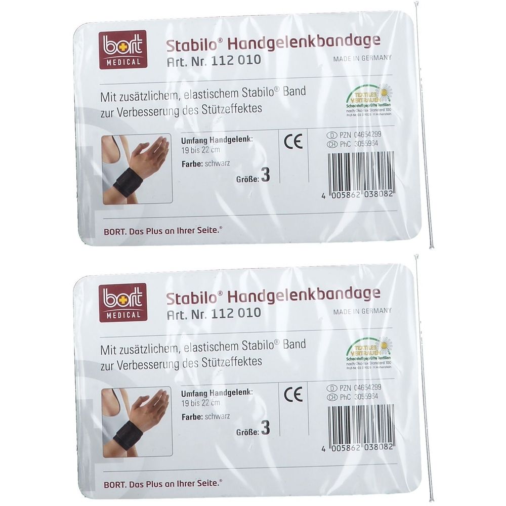 Zwei verpackte Handgelenkbandagen. Schwarze Bandagen mit Text, Größenangabe 3, CE-Zeichen und Barcode. Marke: BORT MEDICAL.