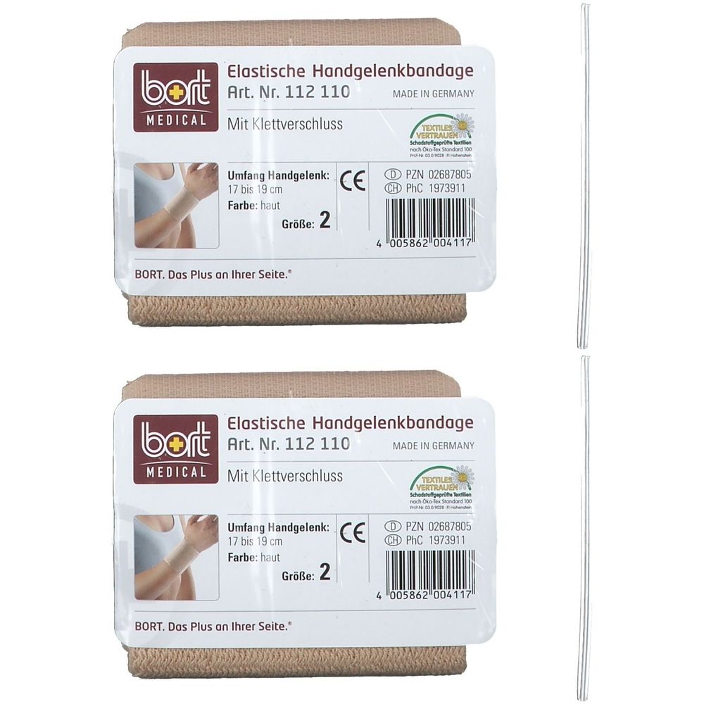 Zwei Bandagen mit Klettverschluss. Auf der Verpackung steht: Elastische Handgelenkbandage, Größe 2, Farbe haut. Marke: BORT MEDICAL.