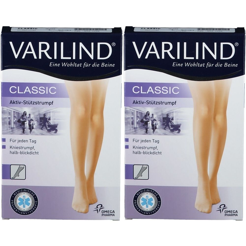 Zwei Packungen VARILIND Classic Aktiv-Stützstrumpf. Aufschrift: Eine Wohltat für die Beine. Medizinische Präventionstherapie. OMEGA PHARMA.