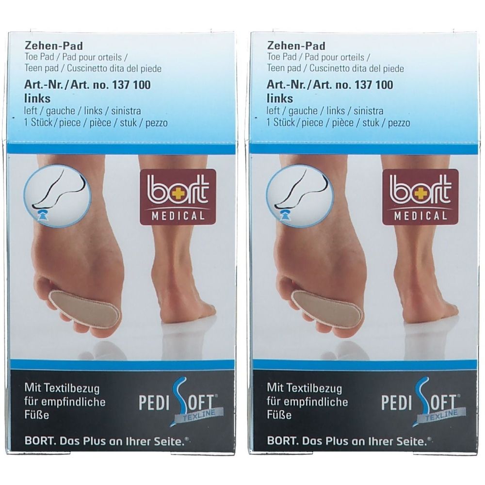 Zwei Packungen Zehen-Pad. Aufdruck: bort MEDICAL, PediSoft TexLine. Mit Textilbezug für empfindliche Füße. Art.-Nr. 137 100 links.