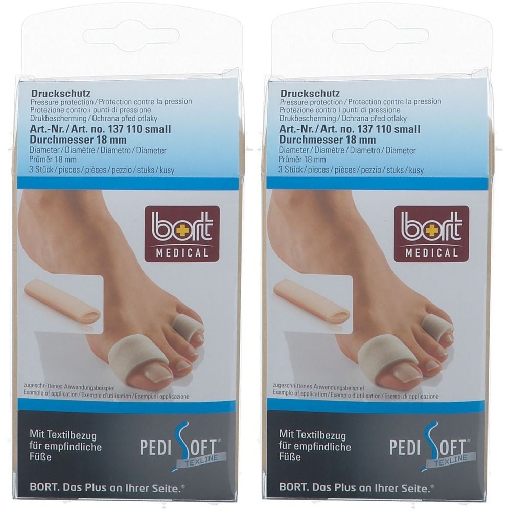 Verpackung mit zwei Druckschutz-Produkten. Auf der Verpackung steht: Durchmesser 18 mm, 3 Stück. Gezeigt wird ein Fuß mit dem Produkt.