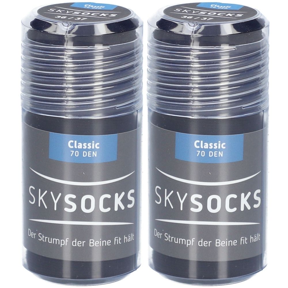 Zwei schwarze Strümpfe in zylindrischen Behältern. Aufschrift: SKYSOCKS Classic 70 DEN. Größe 36/37. Der Strumpf der Beine fit hält.