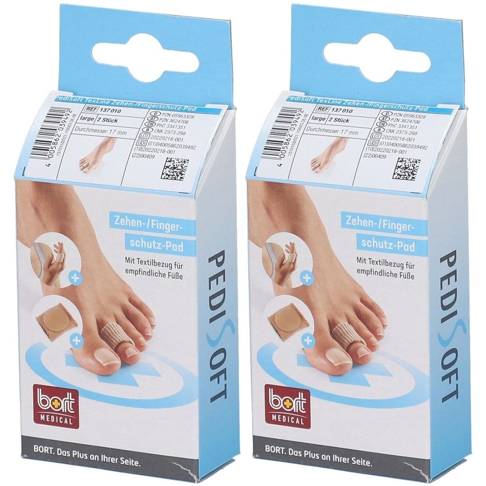 Zwei Produktverpackungen. Aufdruck: PediSoft Zehen-/Fingerschutz-Pad. Marke: bort medical. Hellblaue Verpackung mit Produktabbildung.