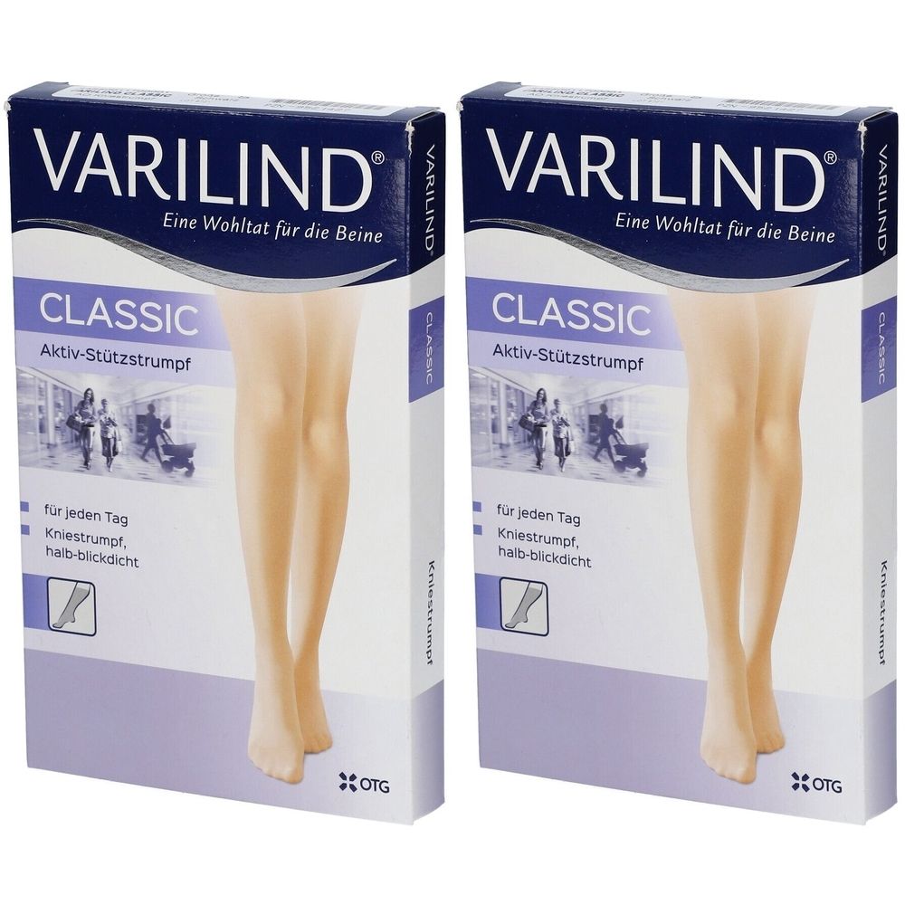 Zwei Packungen VARILIND Classic Kniestrümpfe. Aufdruck: VARILIND, CLASSIC, Aktiv-Stützstrumpf. Abbildung von Beinen. Text: für jeden Tag, Kniestrumpt, halb-blickdicht.