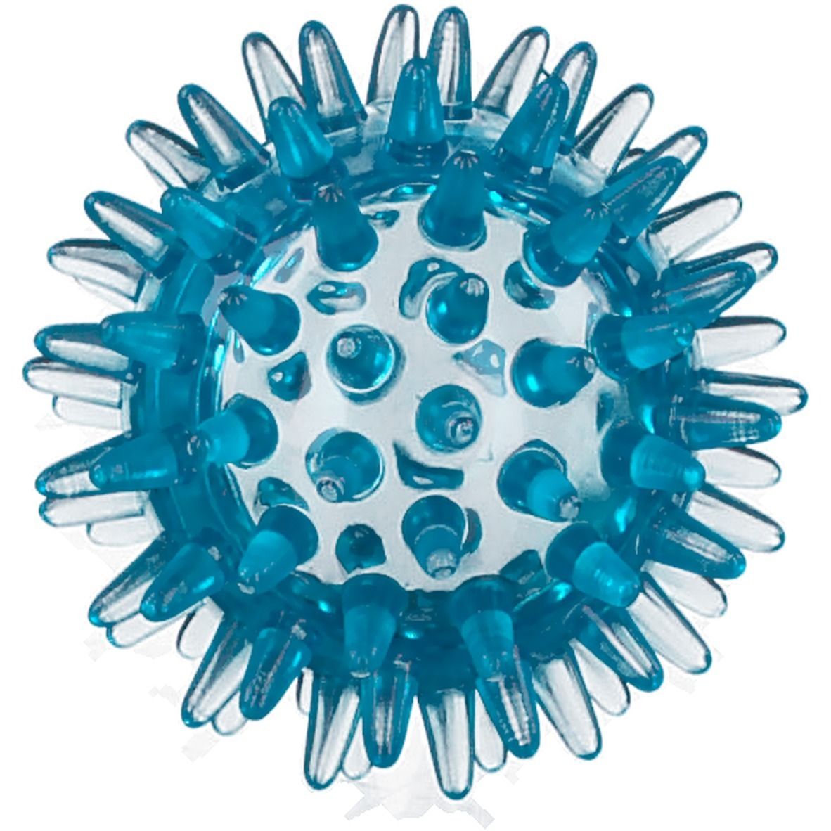 Blauer Massageball mit Noppen. Klares, durchscheinendes Material. Runde Form mit zahlreichen, spitzen Vorsprüngen.
