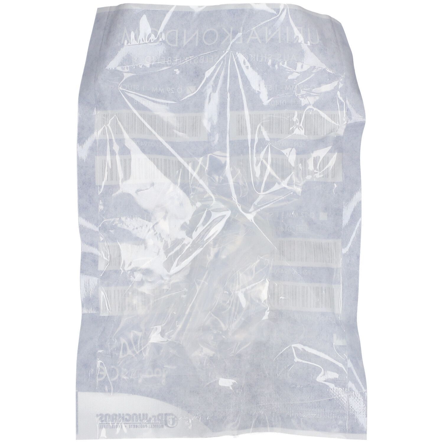 Produktverpackung in transparenter Folie. Aufdrucke und Barcodes sind erkennbar. Der Inhalt ist nicht sichtbar.