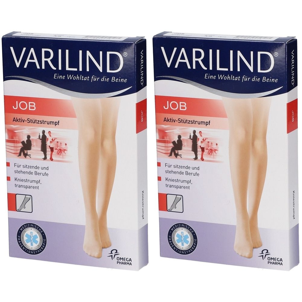 Zwei Packungen VARILIND JOB Kniestrümpfe. Blaue und weiße Verpackung mit Produktnamen, Beinabbildung und Text. Omega Pharma Logo.