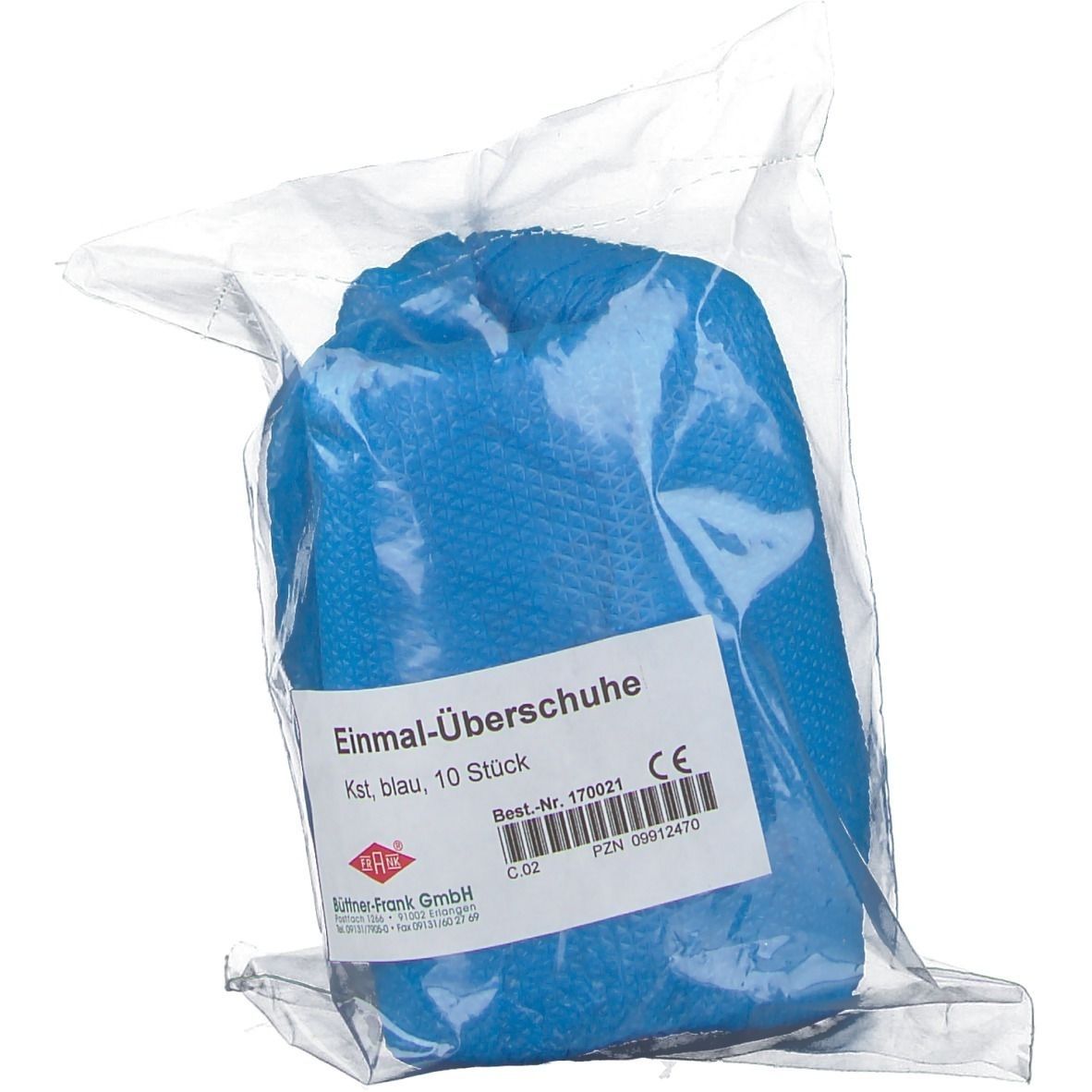 Blaue Einmal-Überschuhe aus Kunststoff, verpackt in einer transparenten Tüte. Aufkleber mit Produktinformationen und CE-Kennzeichnung.