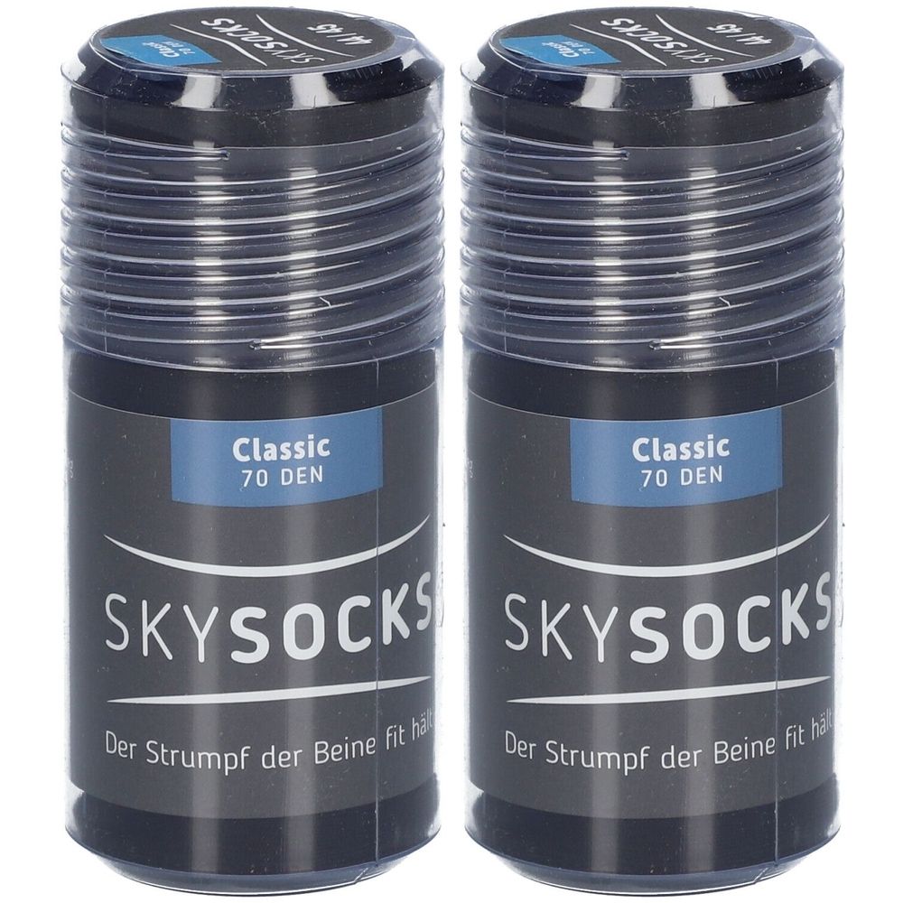 Zwei schwarze Strümpfe in zylindrischen Verpackungen. Auf der Verpackung steht "SKYSOCKS Classic 70 DEN".