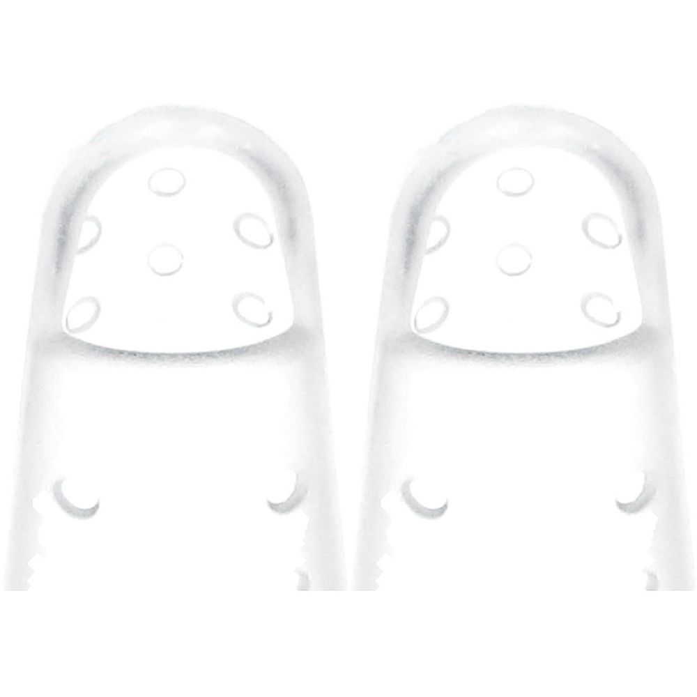 Zwei transparente, fingerförmige medizinische Geräte mit Löchern an der Spitze. Unterhalb befinden sich sichelförmige Aussparungen.