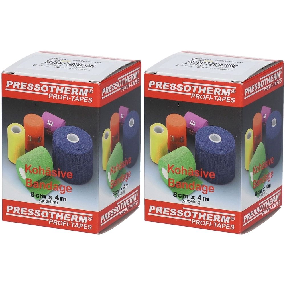 Zwei Kartons mit Pressotherm Kohäsive Bandage. Aufschrift: 8cm x 4m. Farben: gelb, grün, blau, orange, pink. Marke: PRESSOTHERM.