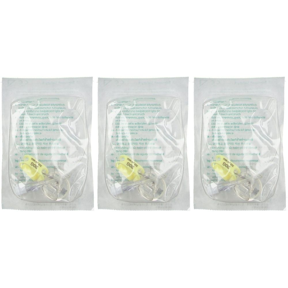 Drei sterile Verpackungen mit medizinischen Geräten. Gelbe Teile sind sichtbar. Beschriftung auf den Verpackungen.