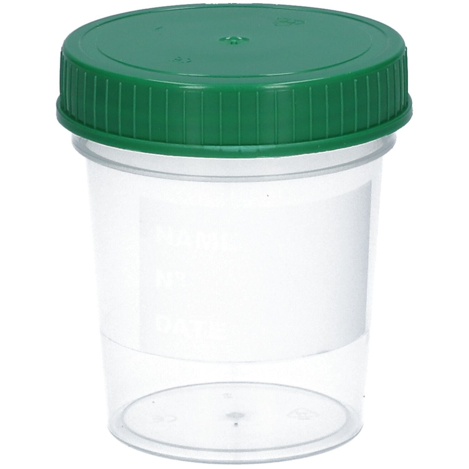 Transparenter Becher mit grünem Deckel. Der Becher hat eine zylindrische Form und einen grünen Schraubverschluss.