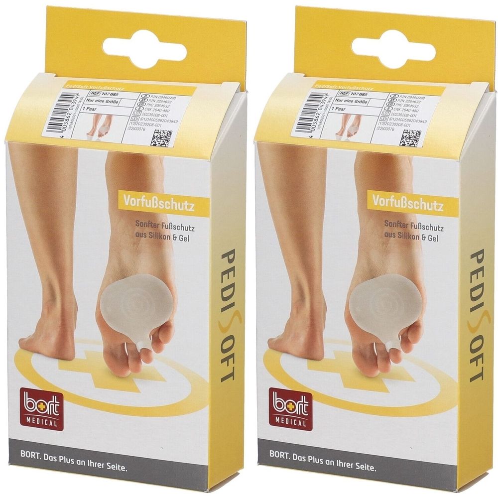 Zwei Packungen BORT PediSoft® Vorfußschutz. Beige, ovale Silikon-Gel-Pads. Aufdruck: Vorfußschutz, PediSoft, BORT MEDICAL.