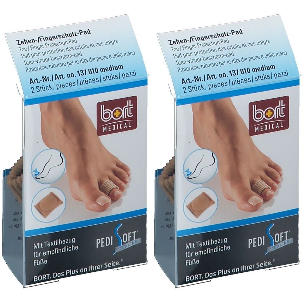 Zwei Packungen BORT PediSoft TexLine Zehen-/Fingerschutz-Pad. Verpackung mit Produktabbildung und Produktbezeichnung. Größe M.