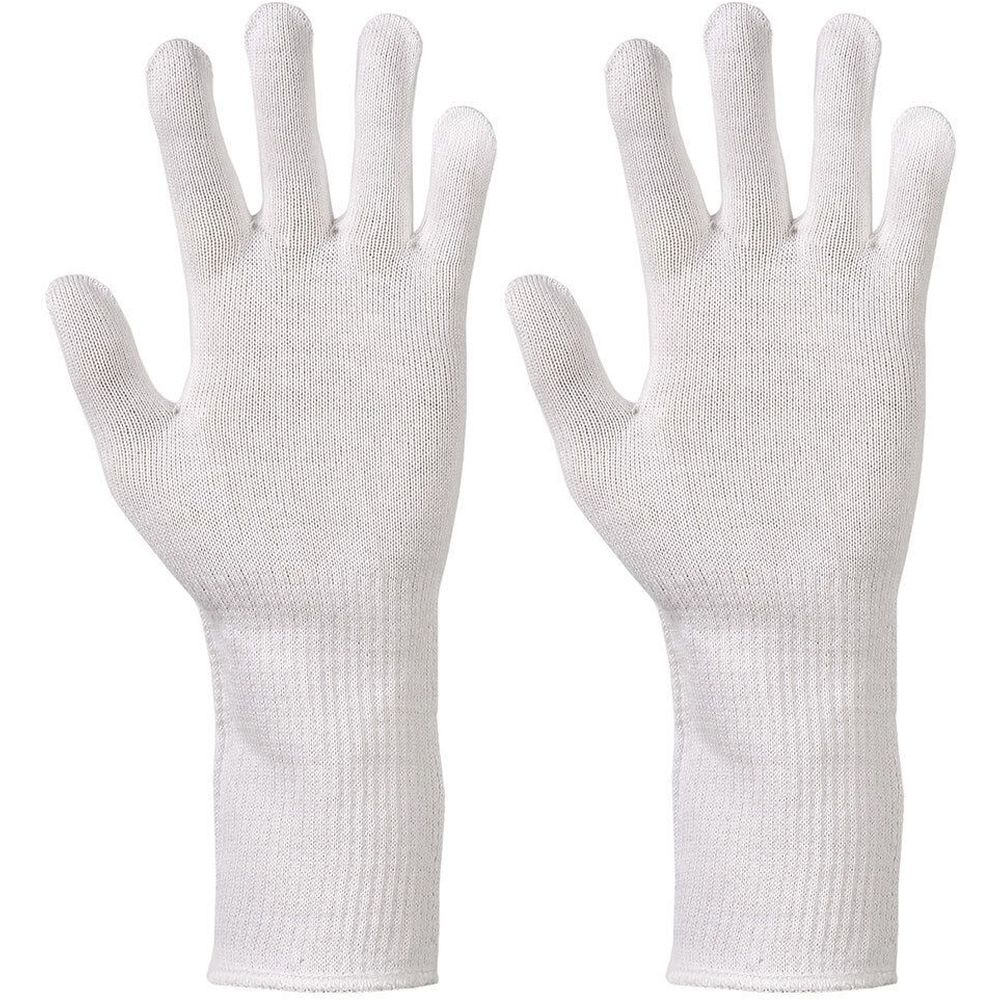 Zwei weiße Baumwollhandschuhe mit langer Stulpe. Gestricktes Material. Größe 11.