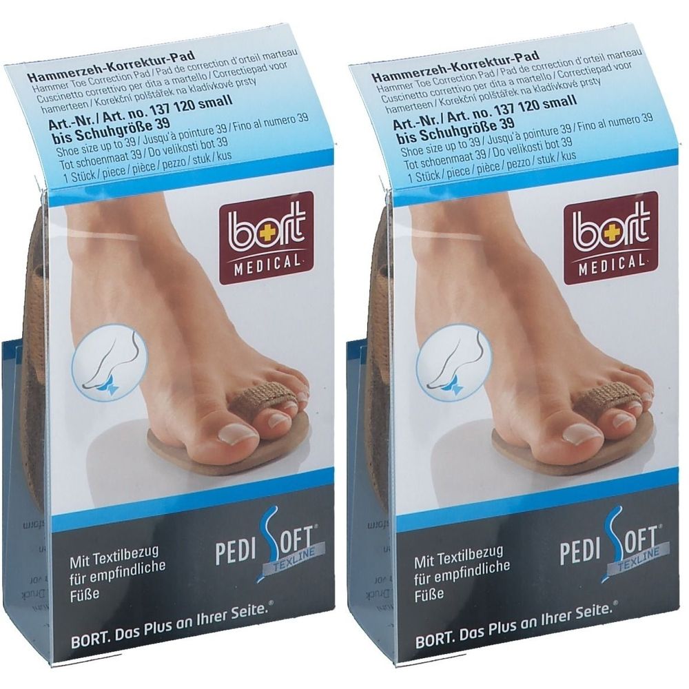 Zwei Packungen BORT PediSoft TexLine Hammerzeh-Korrektur-Pad. Produktabbildung mit Fuß und Pad. Verpackung mit Logo.