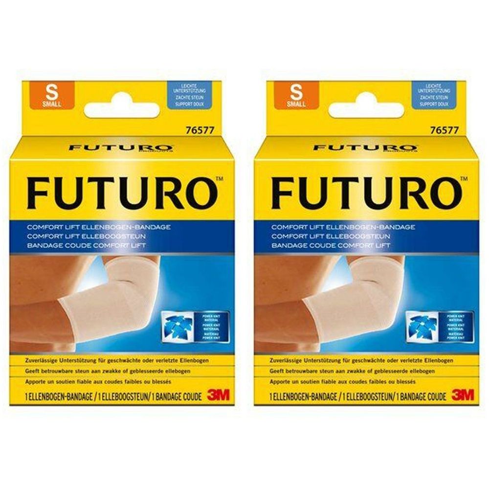 Zwei FUTURO Ellenbogen-Bandagen in Größe S. Gelbe Verpackung mit Produktabbildung. Text: Comfort Lift, 3M Logo.