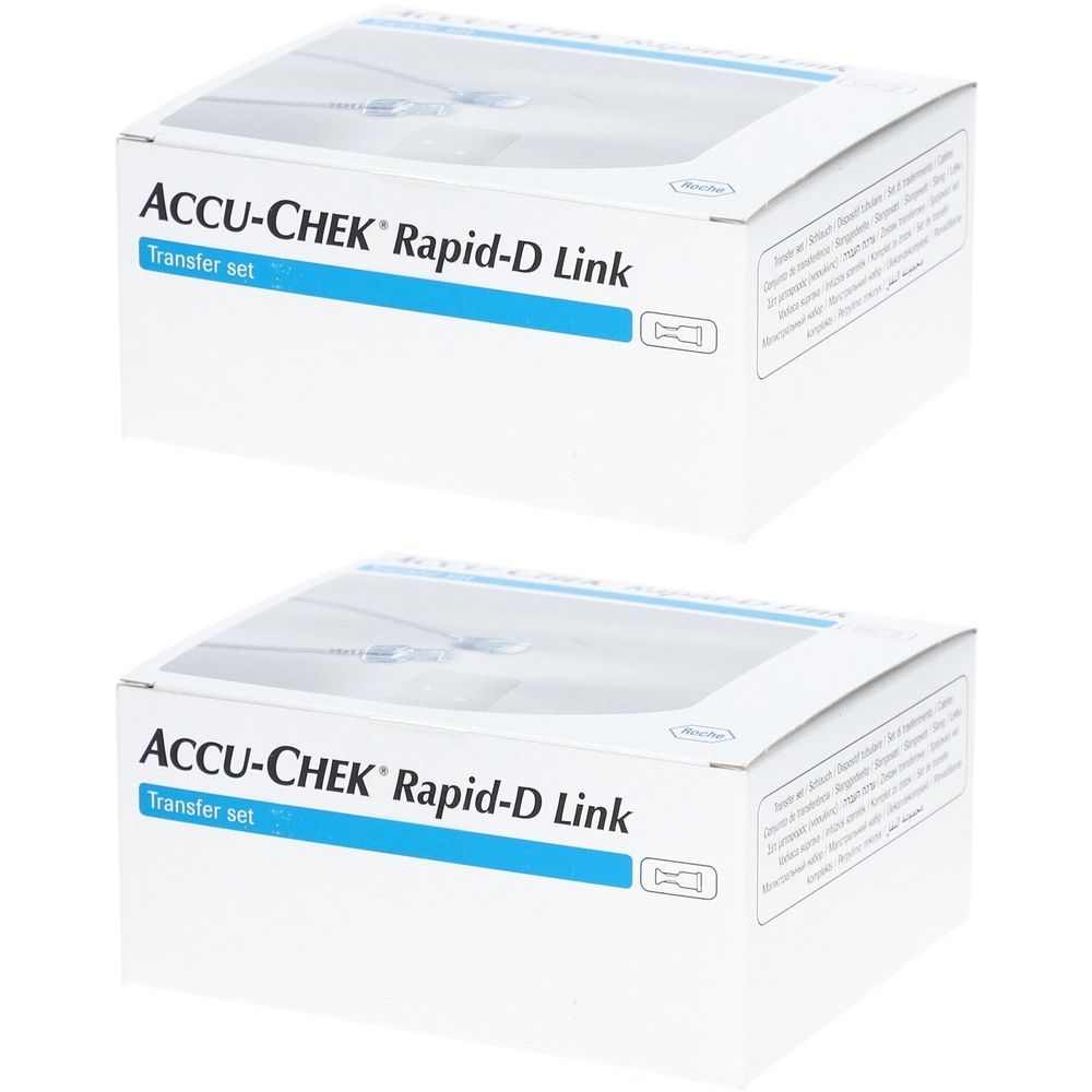 Zwei weiße Kartons mit der Aufschrift ACCU-CHEK Rapid-D Link und Transfer set.