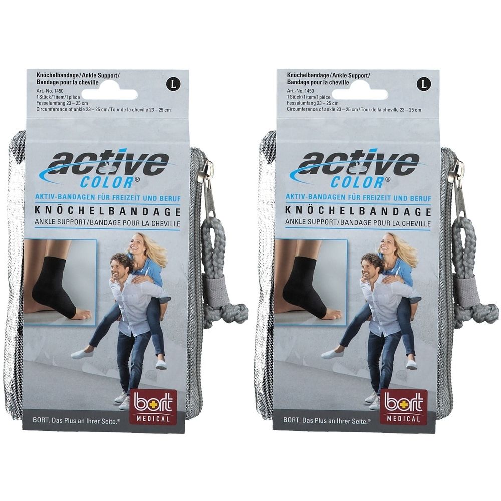 Zwei Verpackungen der Knöchelbandage ActiveColor. Schwarze Bandage, Größe L. Text: ActiveColor, Knöchelbandage, BORT Medical.