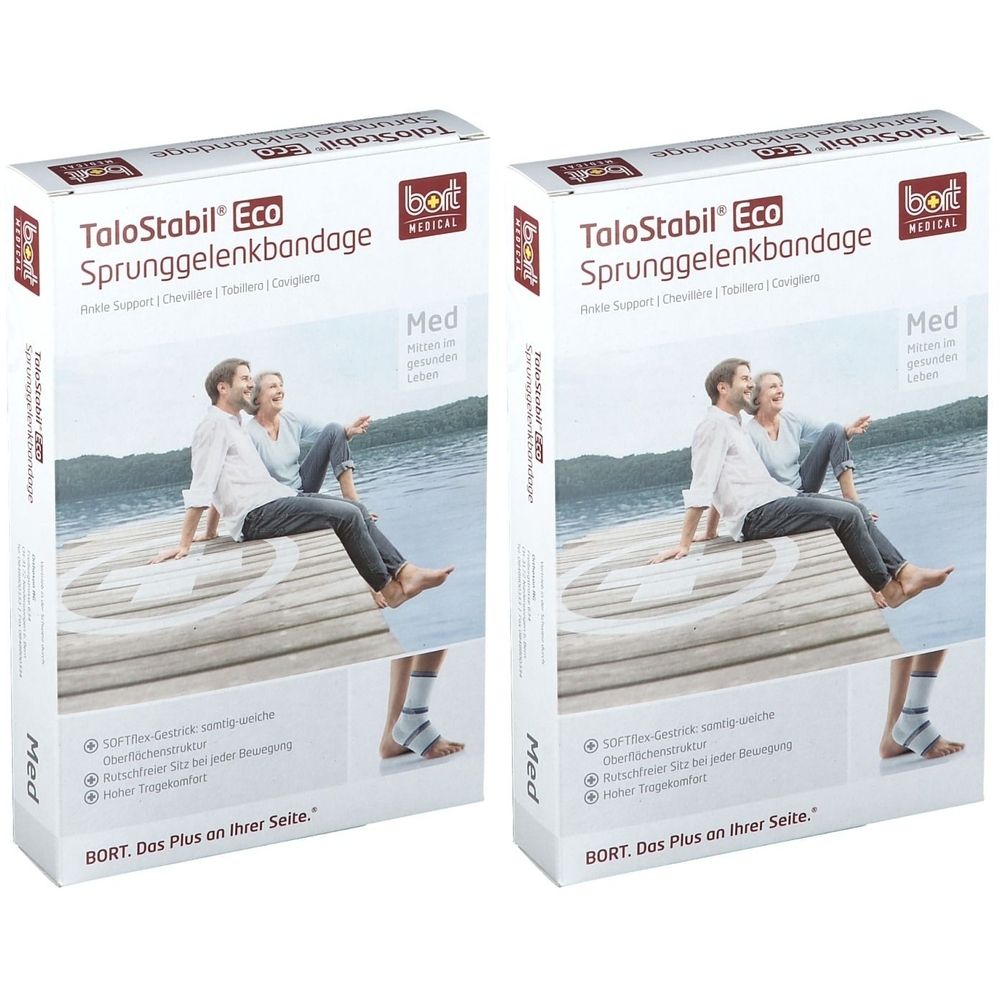 Zwei Produktverpackungen von TaloStabil Eco Sprunggelenkbandage. Aufdruck: Med, BORT Medical. Abbildung: Paar auf Steg.