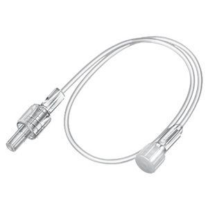 Transparente Infusionsleitung mit zwei Anschlüssen und einem Drehverschluss.