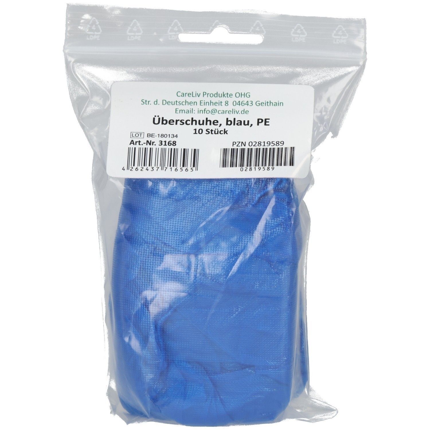 Blaue Überschuhe in transparenter Verpackung. Aufkleber mit Produktinformationen: Überschuhe, blau, PE, 10 Stück.