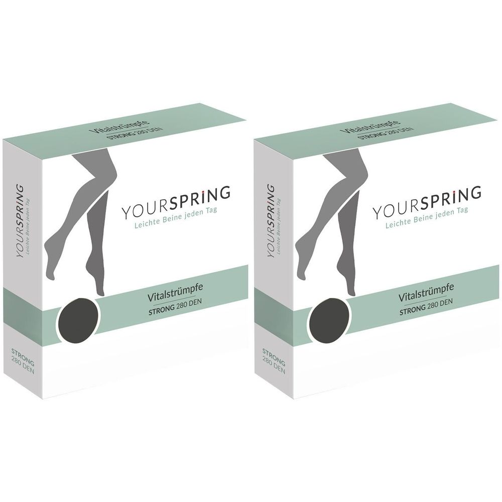 Zwei rechteckige Schachteln. Aufschrift YOURSPRING, Vitalstrümpfe, STRONG 280 DEN. Abbildung von Beinen. Farbe: Weiß, Grün, Schwarz.