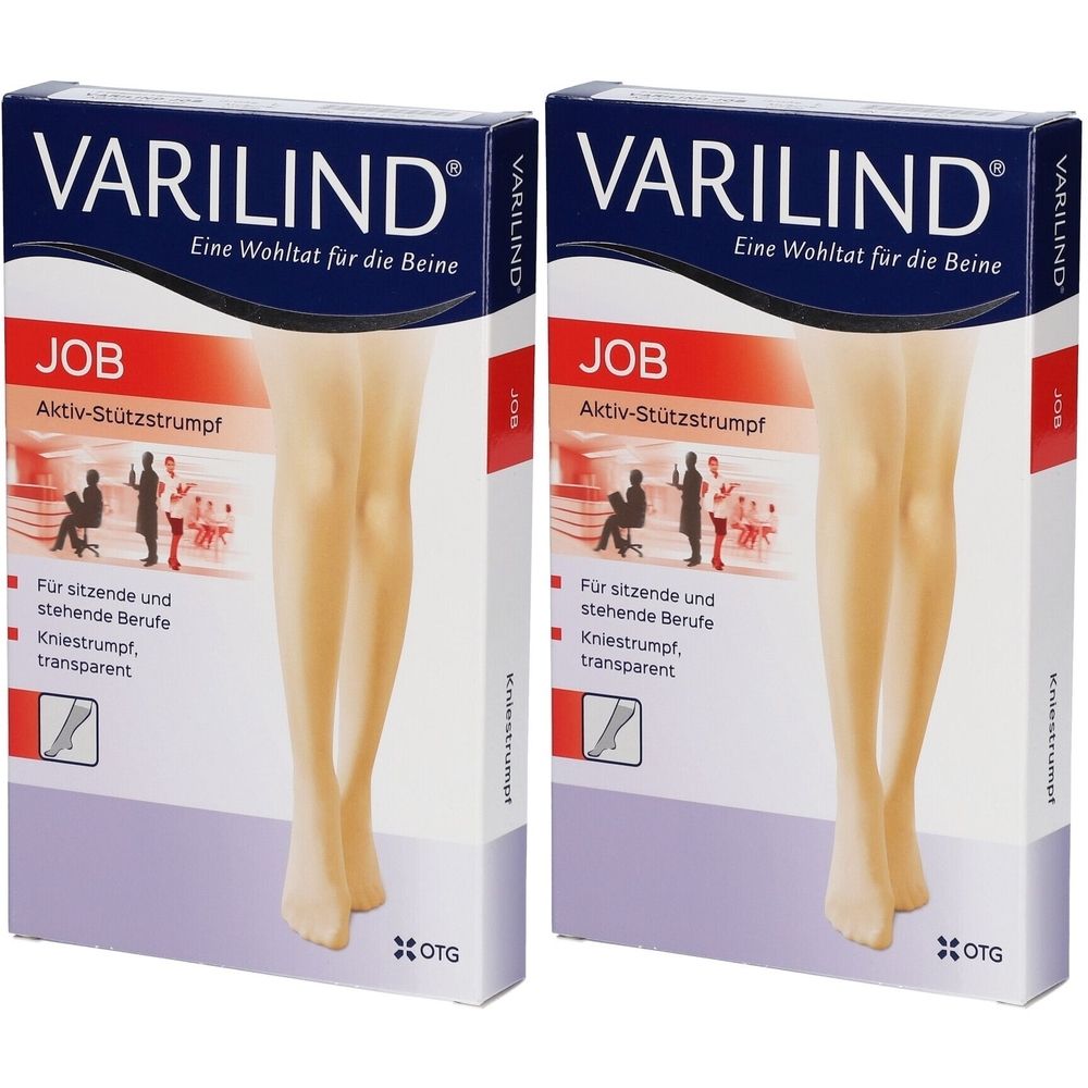 Zwei Kartons VARILIND JOB Aktiv-Stützstrumpf. Kniestrumpf, transparent. Aufdruck: Für sitzende und stehende Berufe.