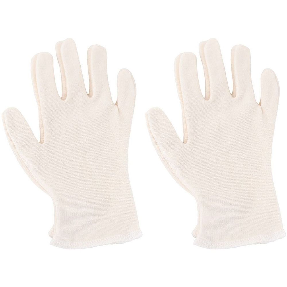 Zwei cremefarbene Baumwollhandschuhe. Die Handschuhe haben eine glatte Oberfläche und eine gerippte Manschette.