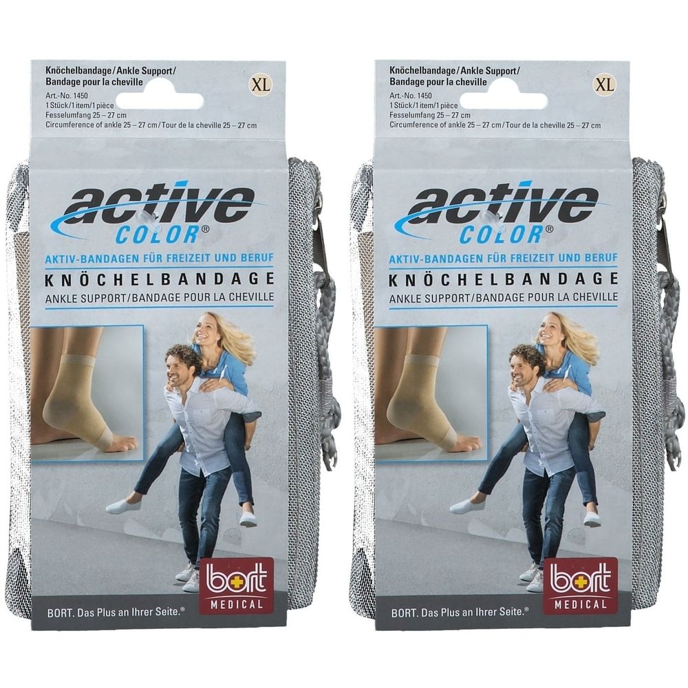 Zwei Packungen Knöchelbandagen ActiveColor® Gr. XL. Graue Verpackung mit Reißverschluss. Aufdruck: Knöchelbandage, ActiveColor®.