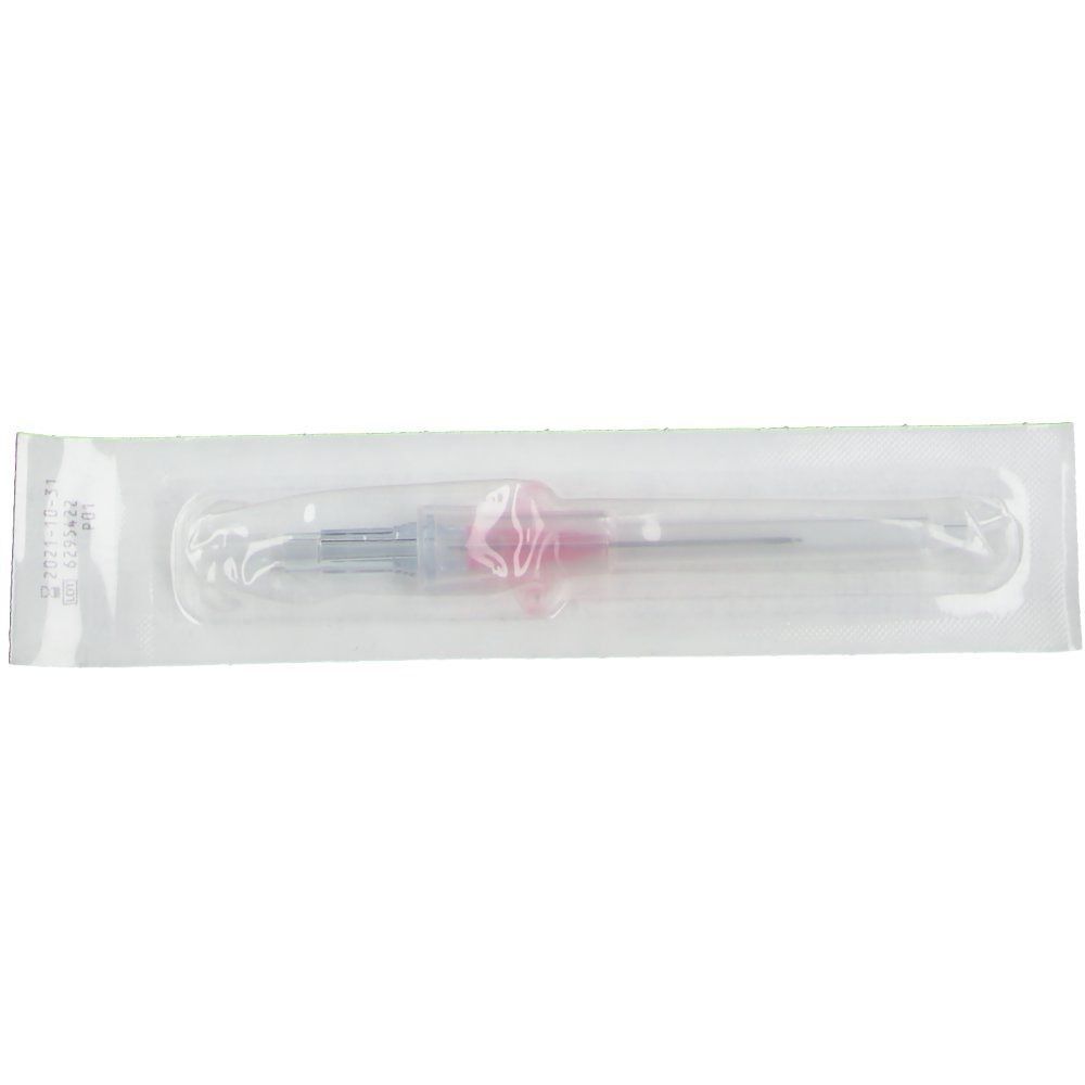 Verweilkanüle in steriler Verpackung. Sichtbar sind Kanüle, Flügel und Verschluss. Verpackung transparent.