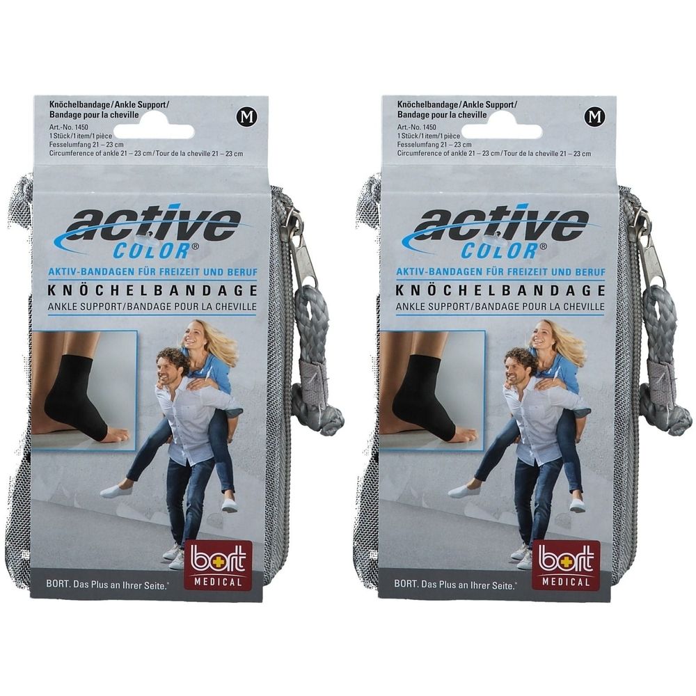 Zwei Packungen Knöchelbandagen in einer grauen Tasche. Aufdruck: Active Color, Knöchelbandage, Größe M. Marke: BORT MEDICAL.