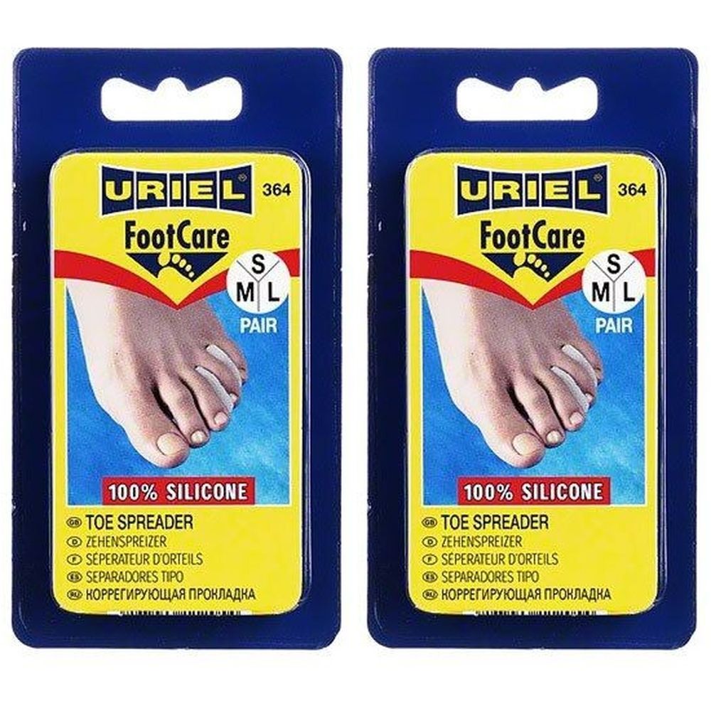 Zwei Packungen Zehenspreizer. Gelbe Karten mit Produktabbildung und Größenangabe S, M, L. Marke Uriel, FootCare, 100% Silikon.