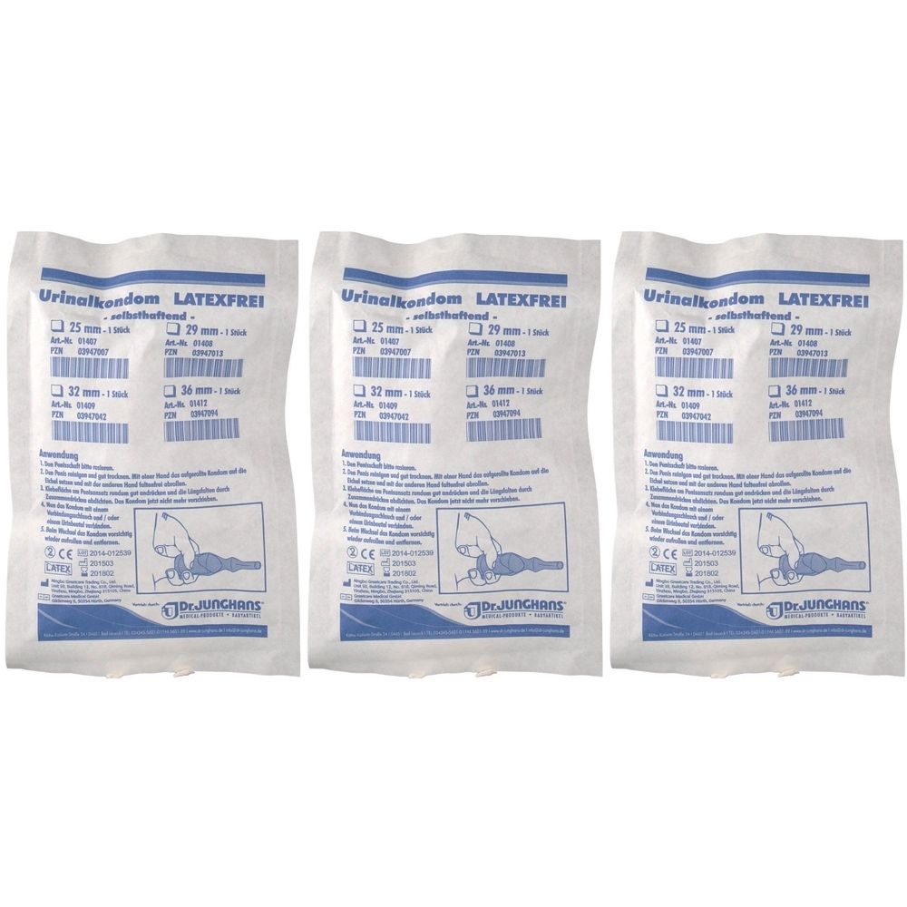 Drei verpackte Urinalkondome. Aufdruck: Latex-frei, Größenangaben. Marke: Dr. Junghans. Illustration der Anwendung.