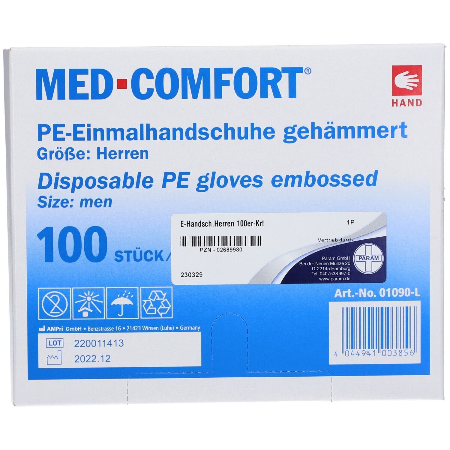 Verpackung mit MED-COMFORT® PE-Einmalhandschuhen. 100 Stück, Größe Herren. Aufschrift: Disposable PE gloves embossed. Art.-Nr. 01090-L.