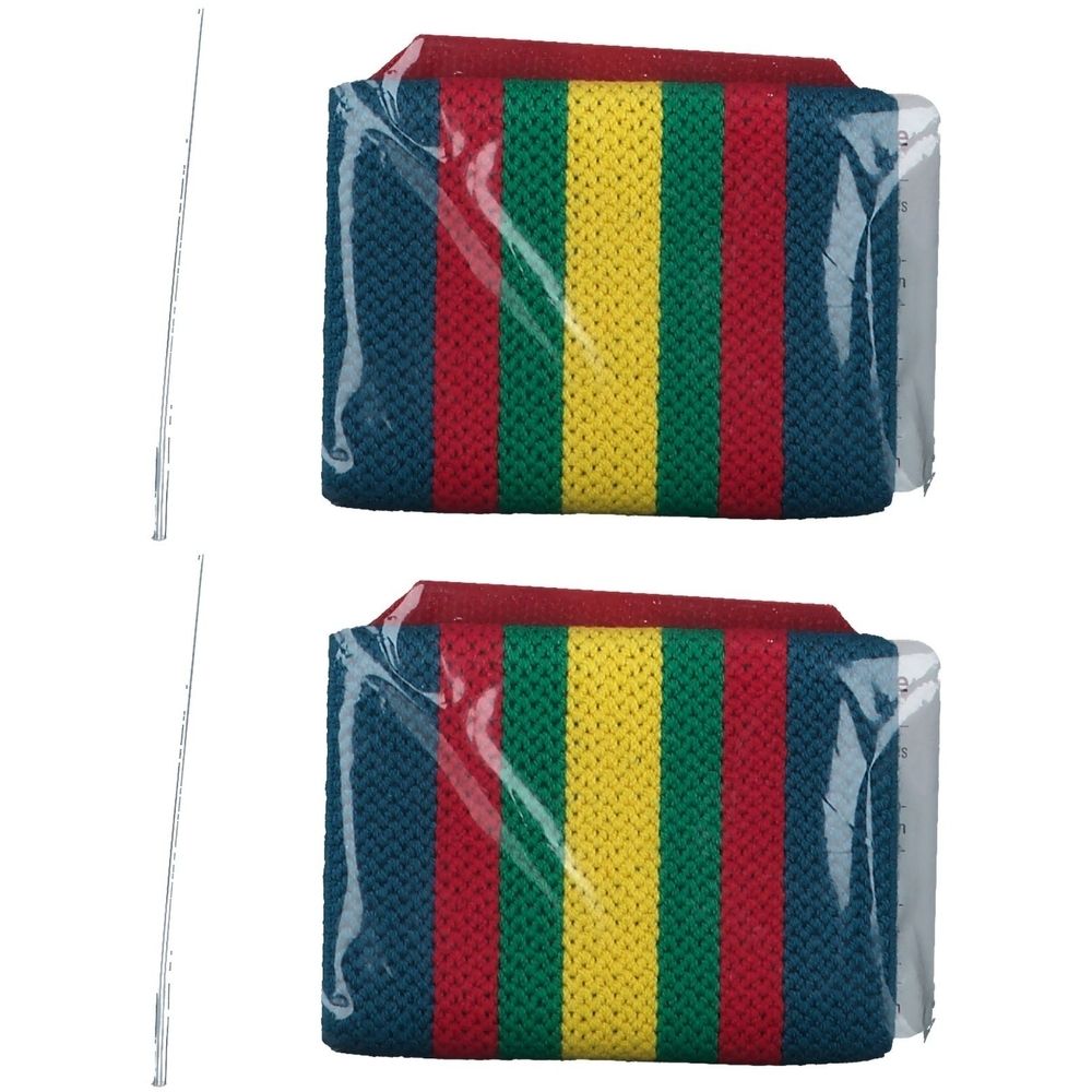 Zwei Bandagen in Folie verpackt. Bunt gestreift in Blau, Rot, Grün und Gelb. Klettverschluss-Bandage.