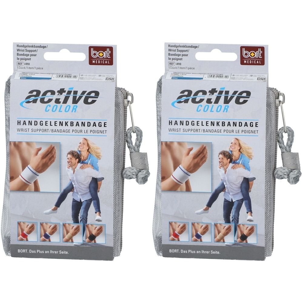 Zwei BORT ActiveColor Handgelenkbandagen in Verpackung. Aufschrift: Active Color, Handgelenkbandage, Wrist Support. Grau-silberne Tasche mit Reißverschluss.