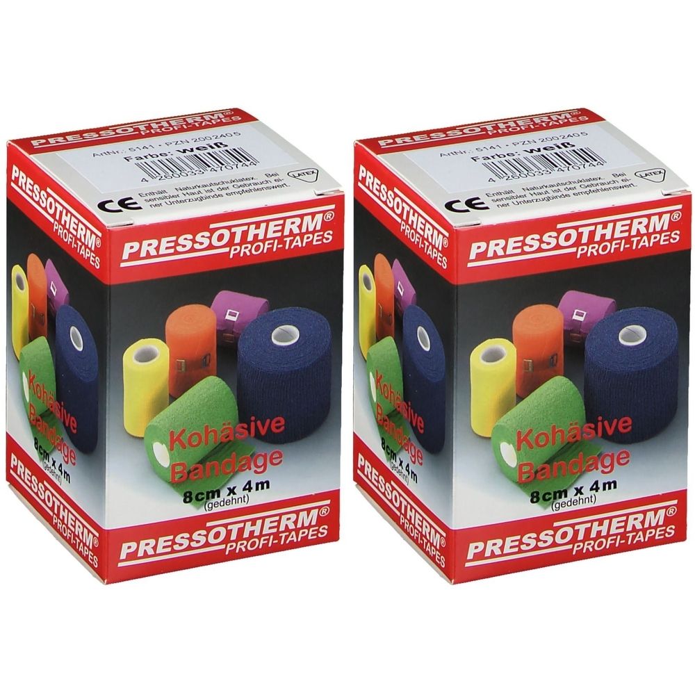 Zwei Kartons Pressotherm Kohäsive Bandage. Aufdruck: 8cm x 4m. Mehrere farbige Bandagen abgebildet. CE-Zeichen.