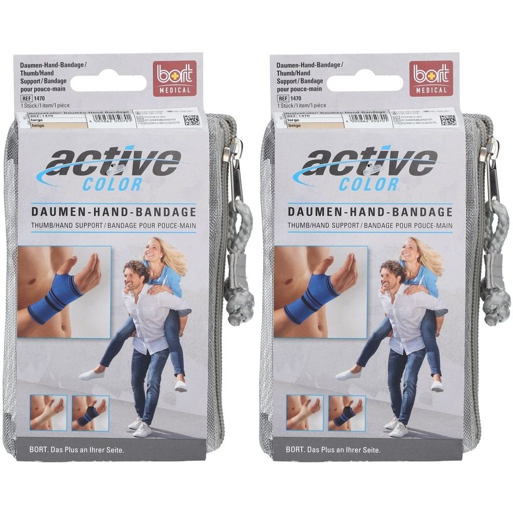Zwei Bandagen in grauer Tasche. Aufschrift: active color, Daumen-Hand-Bandage. Marke: bort medical. Abbildung: Hand mit Bandage.