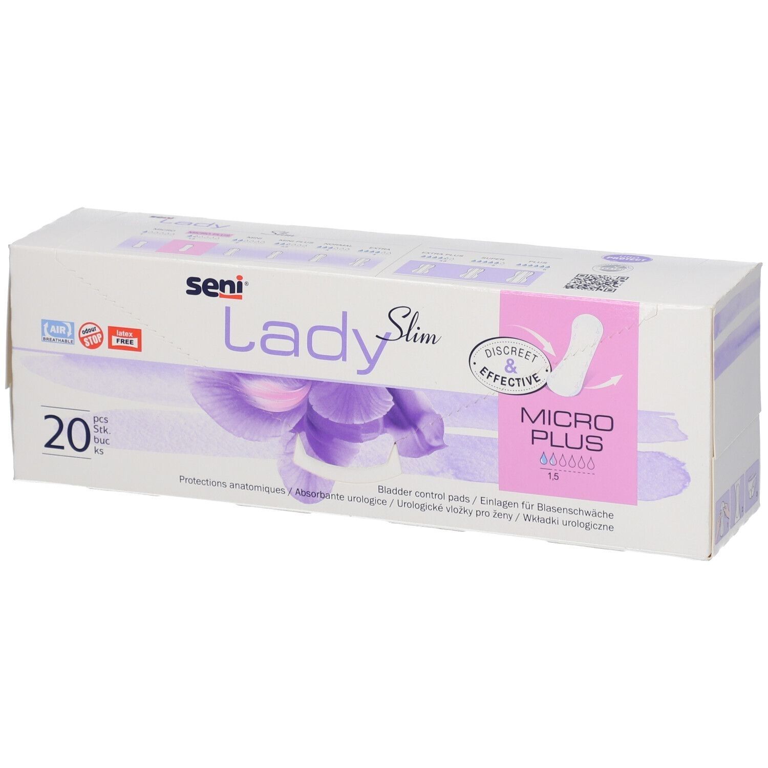 Verpackung von Seni Lady Slim Micro Plus. Enthält 20 Stück. Aufdrucke: Seni, Lady Slim, Micro Plus, diskret & effektiv.